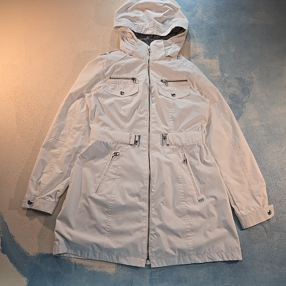 VTG Miss Sixty Womens M Hooded‎ Zip Parka Jacket All White Belt EUC Pockets M6O
